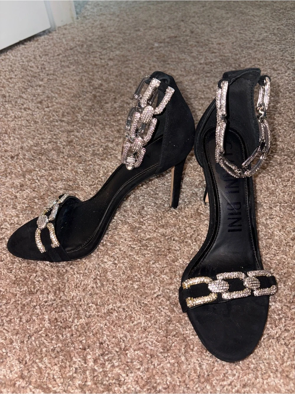 Nina Black Rhinestone Chain Open-Toe Heels